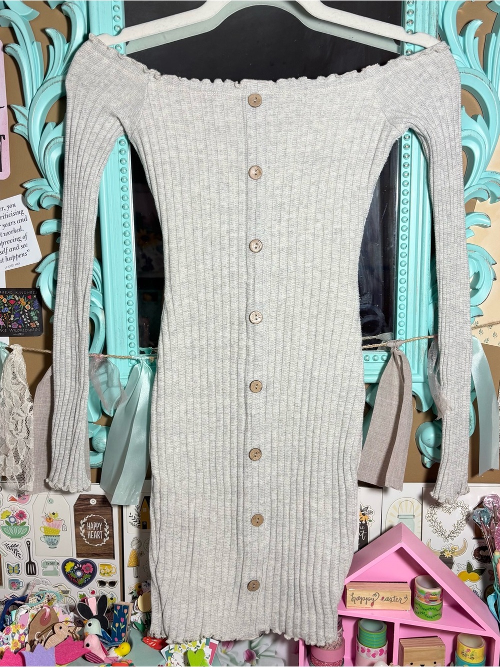 Fashion Nova Off The Shoulder Ribbed Long Sleeve Mini Dress Light Gray Womens XS
